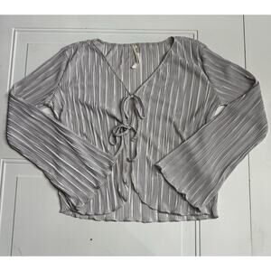 By Anthropologie Womens Shirt Small Gray Satin Open Wrap Tie Ribbed Bell Sleeve